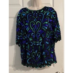 VTG 80s Laurence Kazar Sequined Paisley Floral Silk Handmade Blouse Formal Top2X